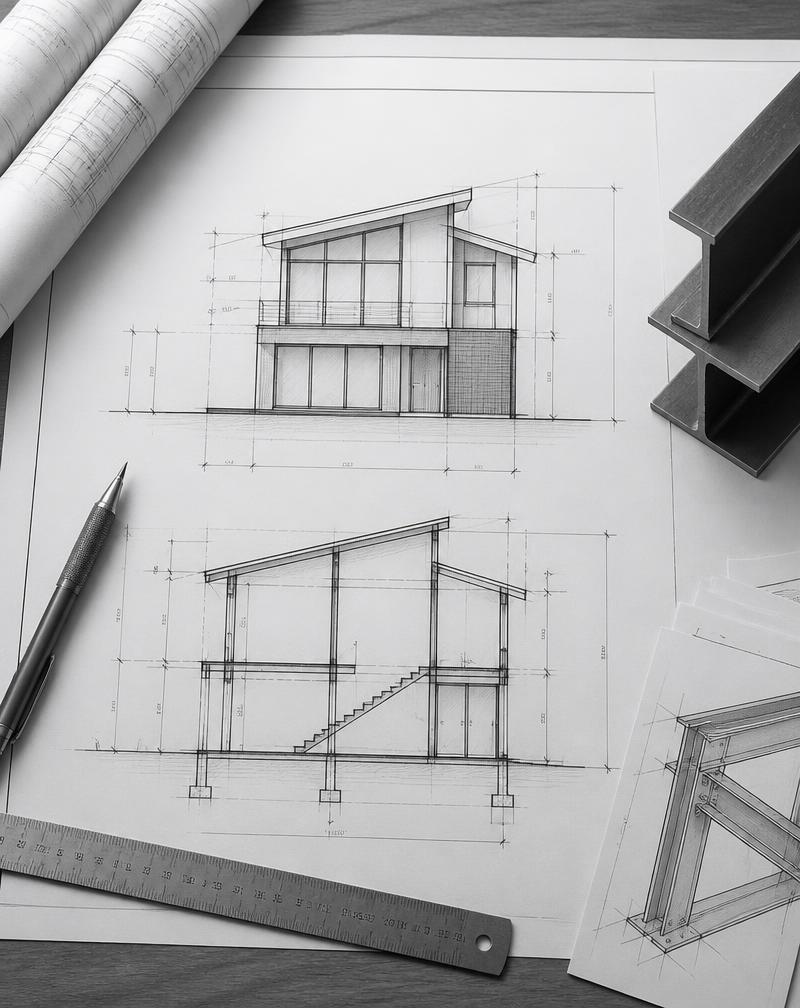 Architectural elevation and structural detail drawings
