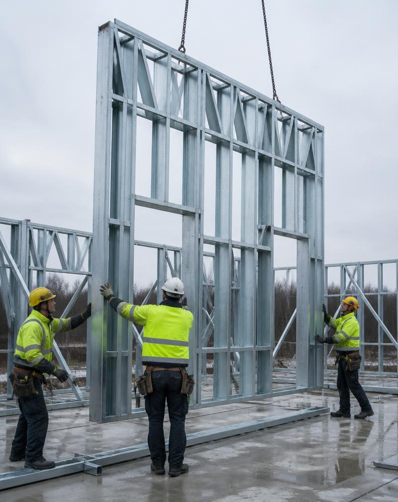 Construction team erecting a prefabricated steel wall panel